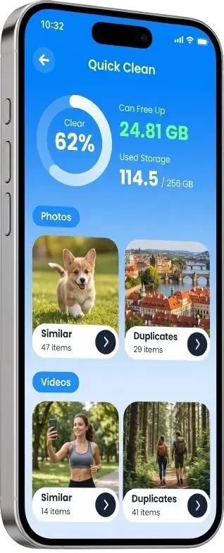 iPhone showing Secure Clean Quick Clean storage overview on device