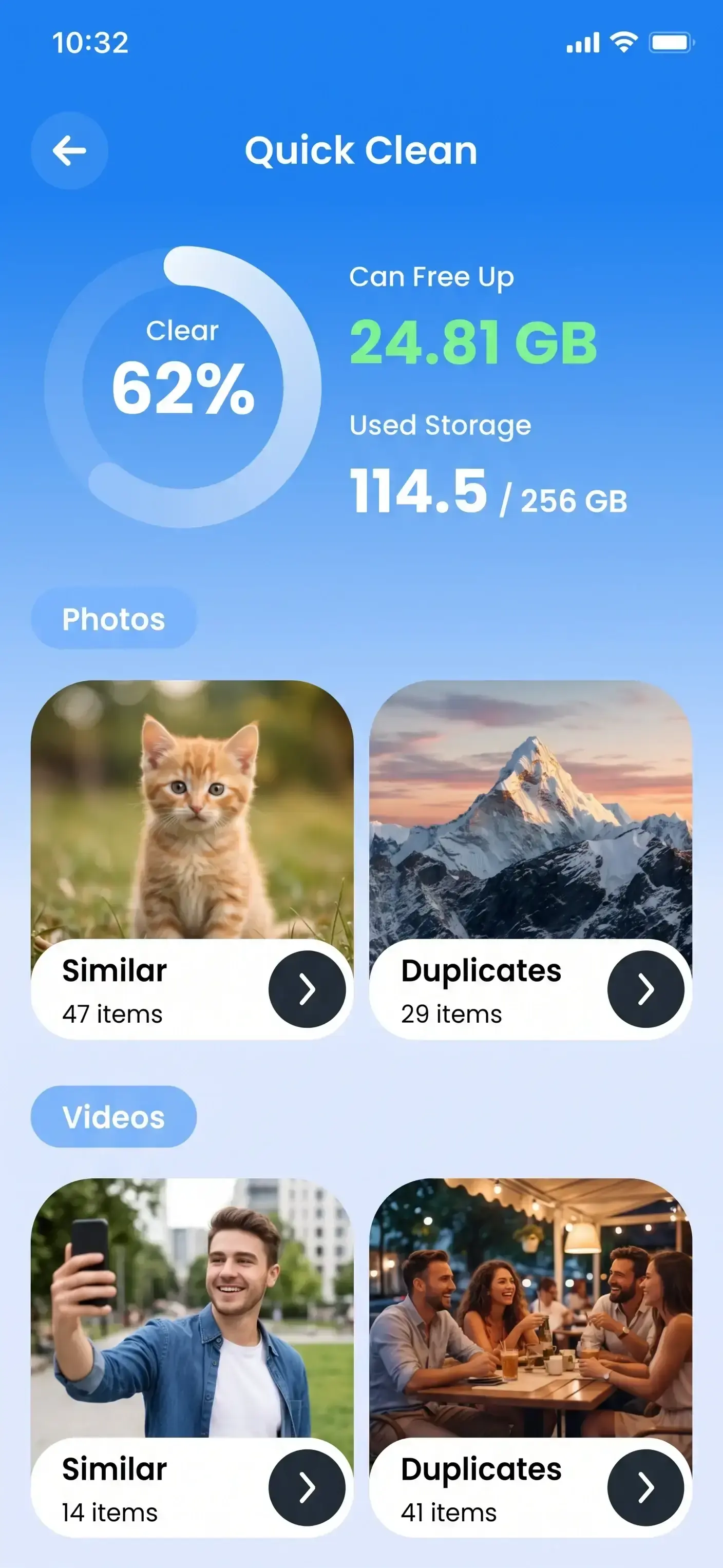Secure Clean Smart Check screen showing storage savings and media categories